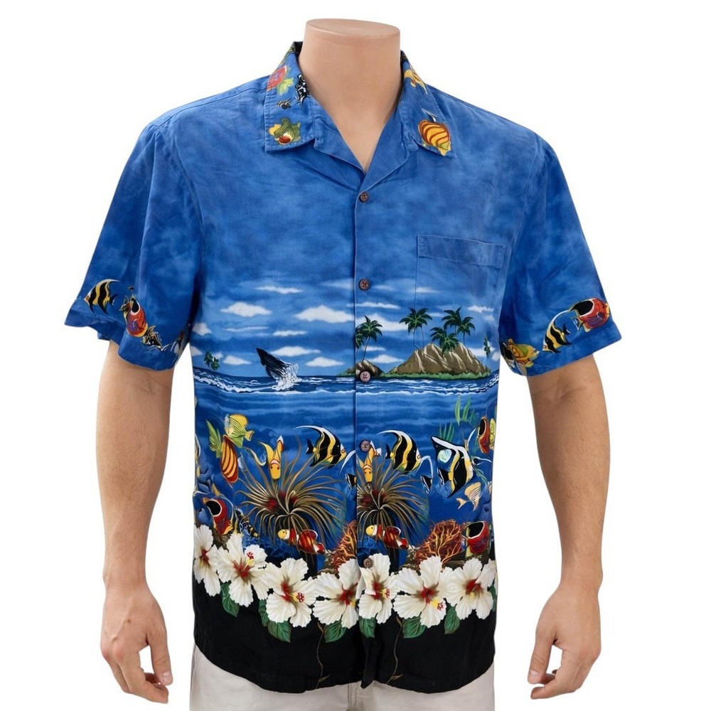Nui Nalu Hawaiian Aloha Shirt XL Tropical Fish Reef Flowers Palm Trees Whales